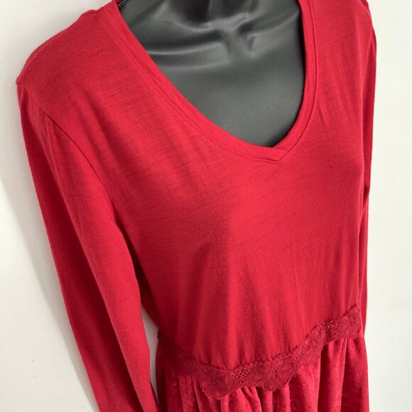 Seg’ments Merino Wool V-Neck Tunic Top Sz M Red Pleated Textured Lower Lace - Picture 2 of 13
